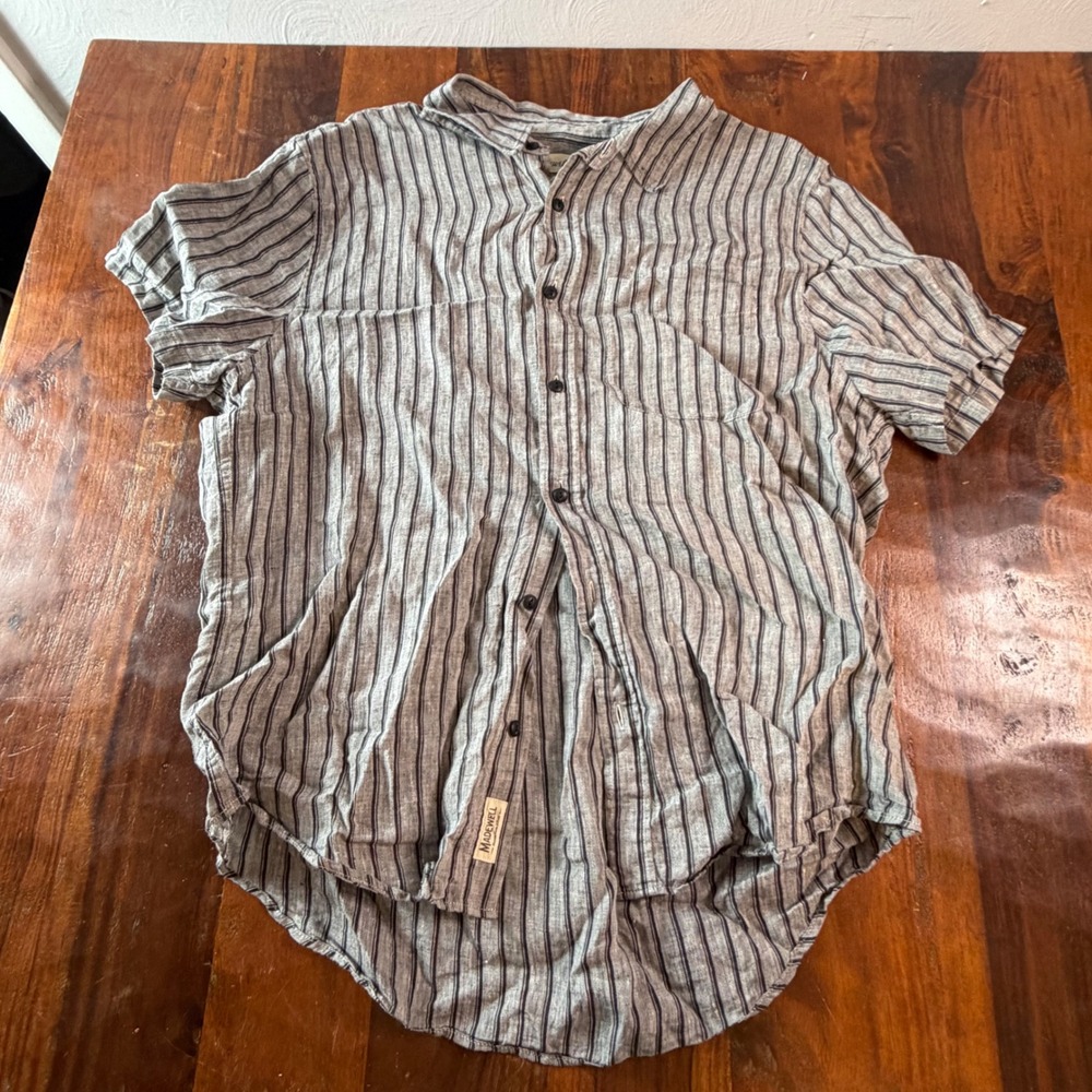 Madewell Mens Perfect Fit Short Sleeve Striped Button Down Shirt Grey Black L
